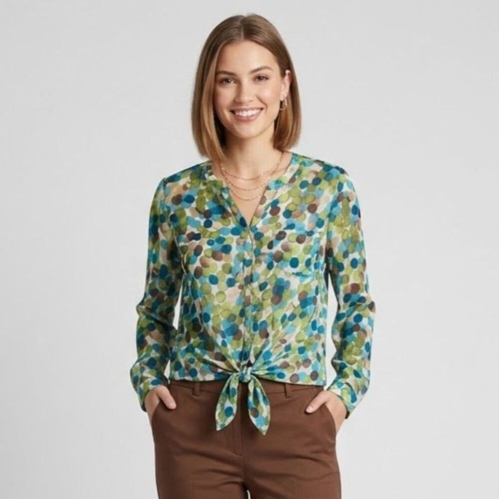 Zac & Rachel Button Tie Long Sleeve Polka Dot Blouse Work Business Earthcore S
